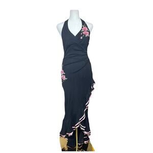 Rampage Halter Women's Dress Black Pink Size Medium Floral Fairy‎ Pinup Girl Y2K